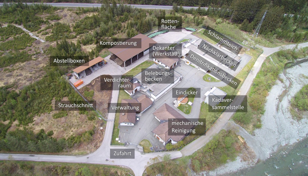 Orientierungsplan des Betriebsgeländes der Kläranlage Anras mit den einzelnen Anlagenteilen